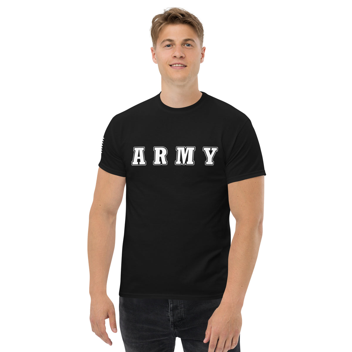 Men's army shirt block lettering and American flag sleeve black