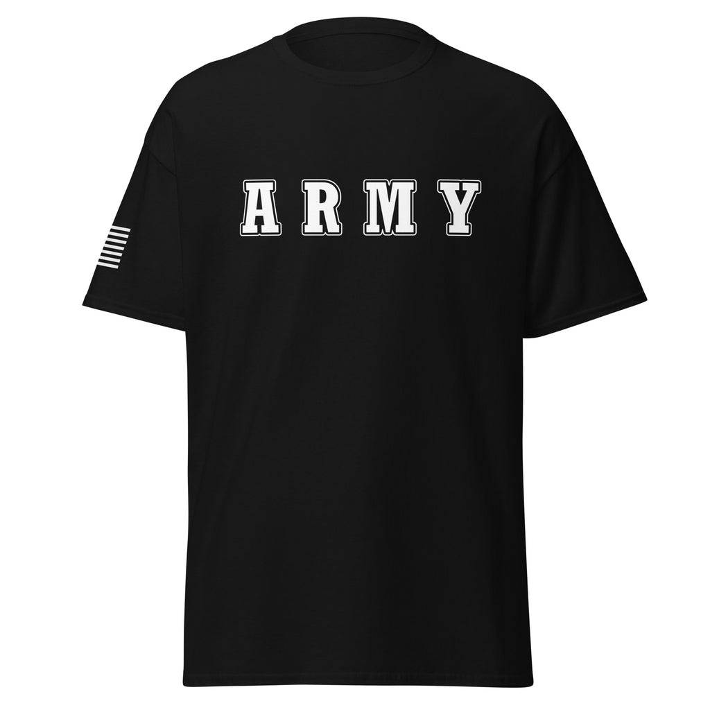 Men's army shirt block lettering and American flag sleeve black