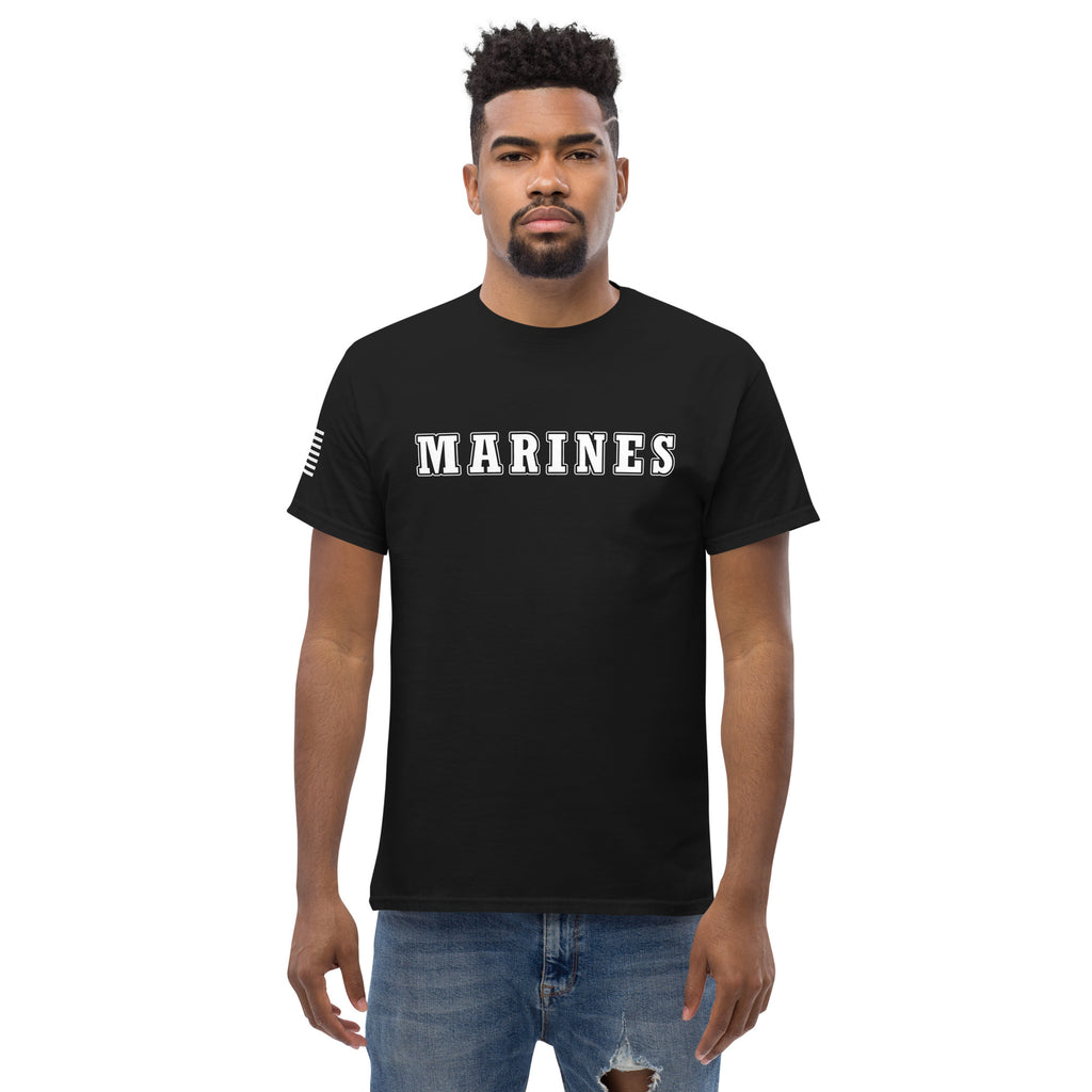 Men's marines shirt block lettering and American flag sleeve black