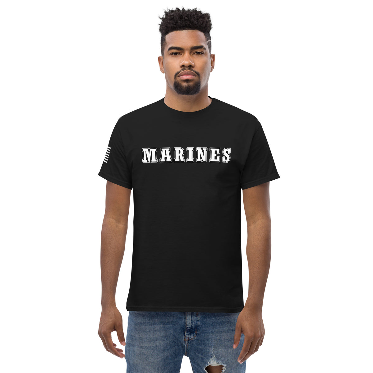 Men's marines shirt block lettering and American flag sleeve black