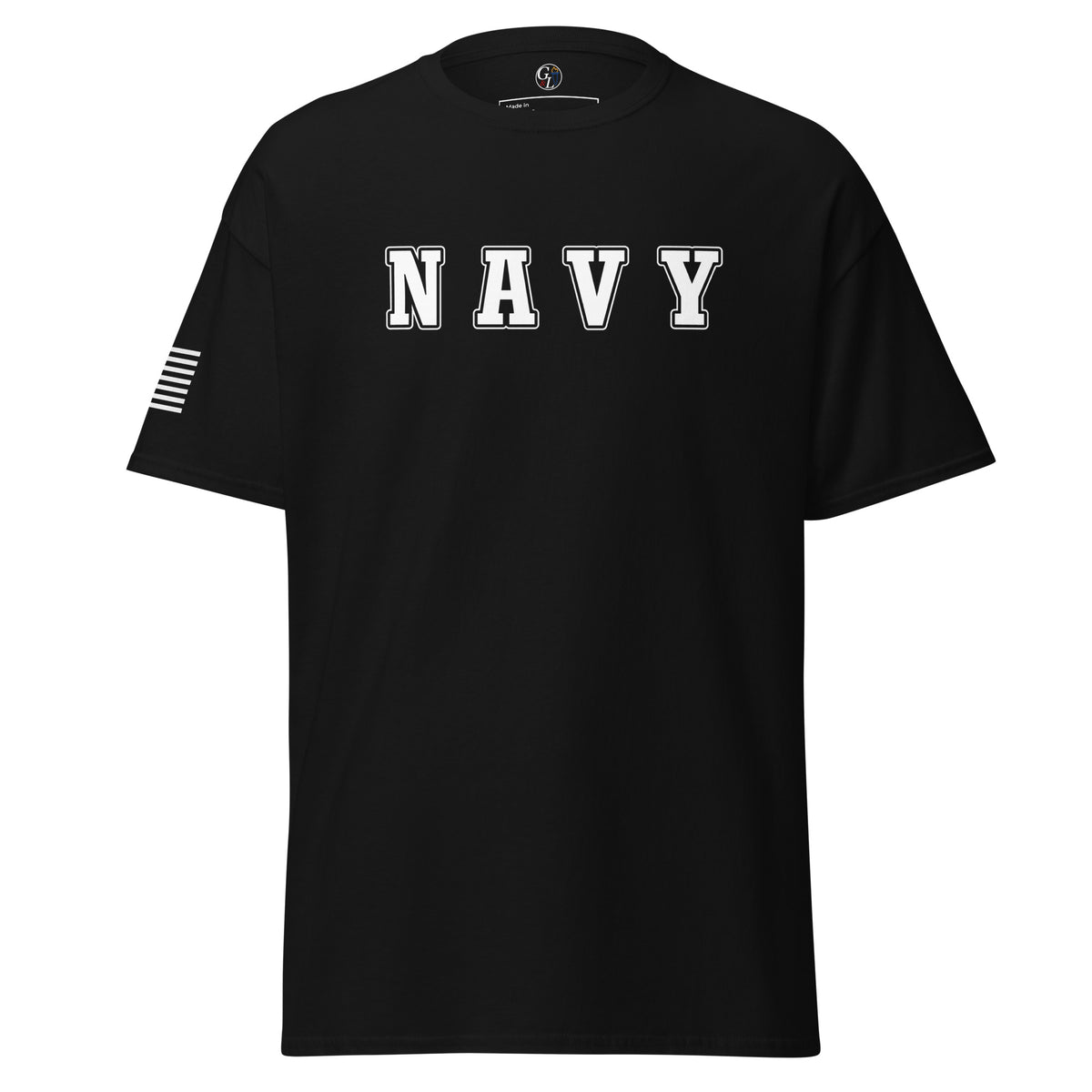 Men's US Navy shirt block lettering and American flag sleeve black