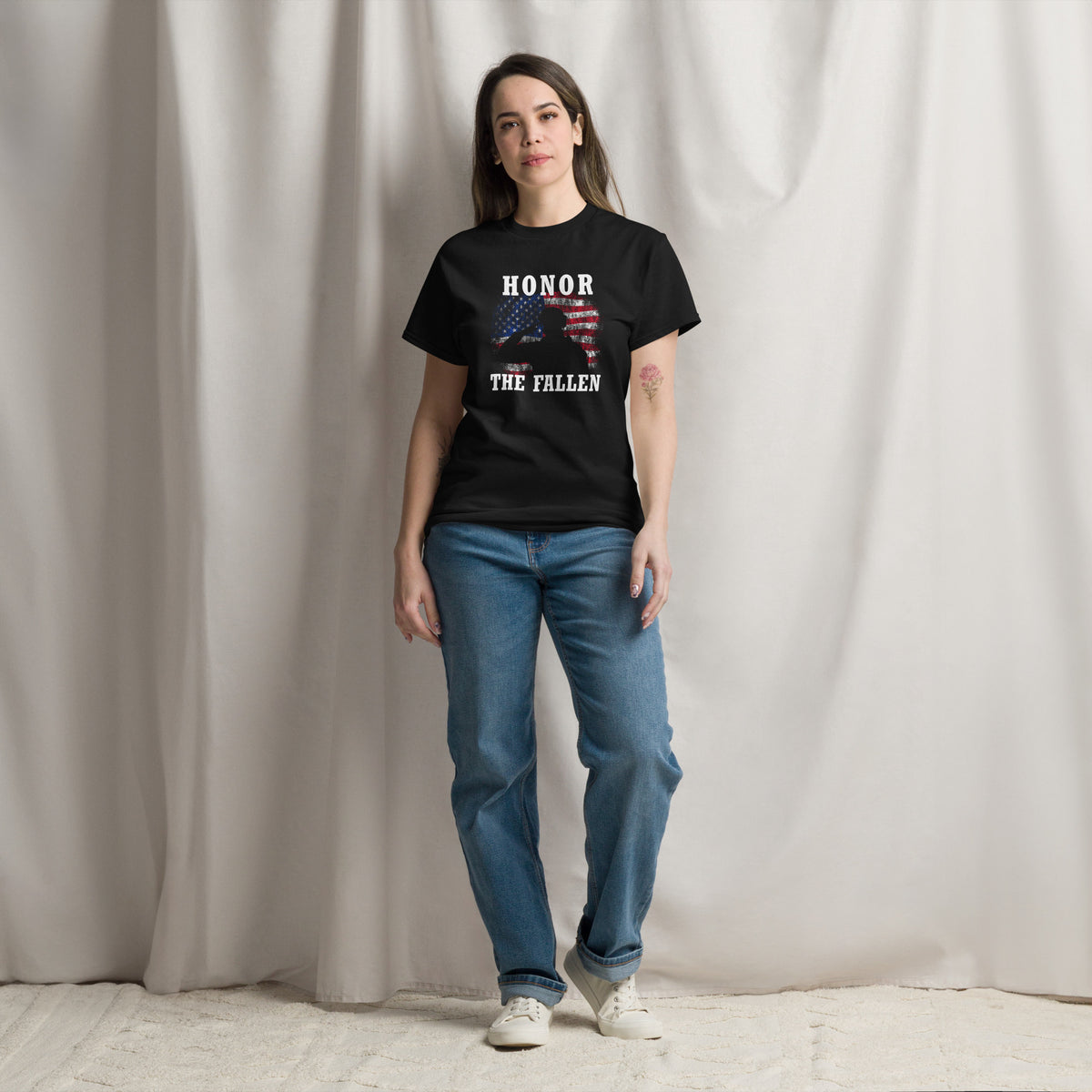 Women's Military Honor the Fallen American flag and soldier salute t-shirt black