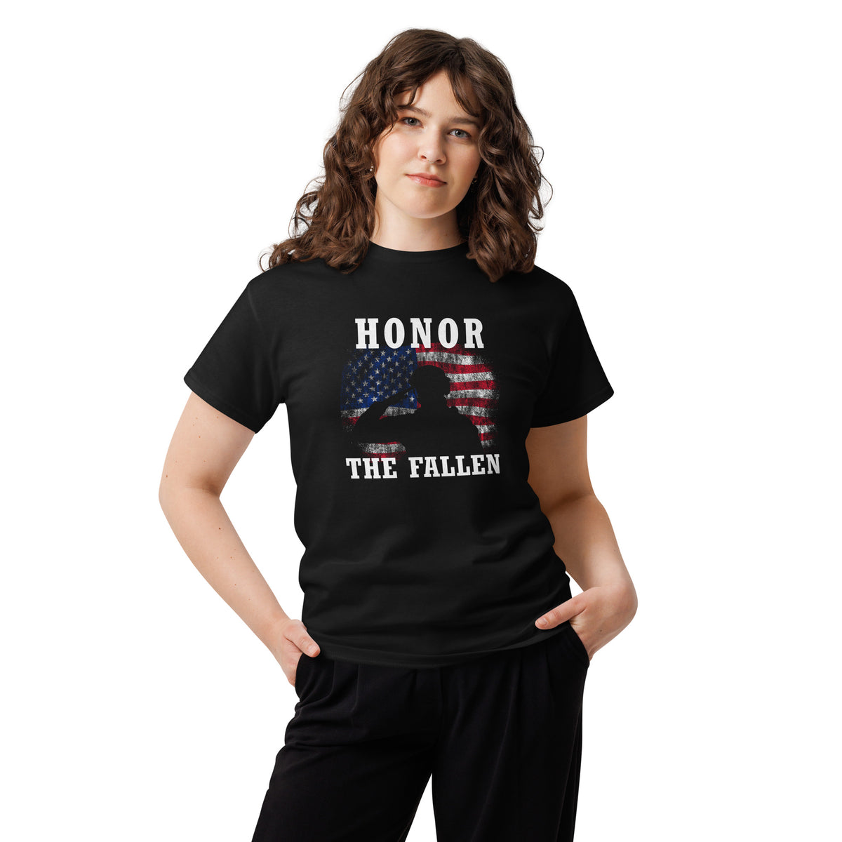 Women's Military Honor the Fallen American flag and soldier salute t-shirt black