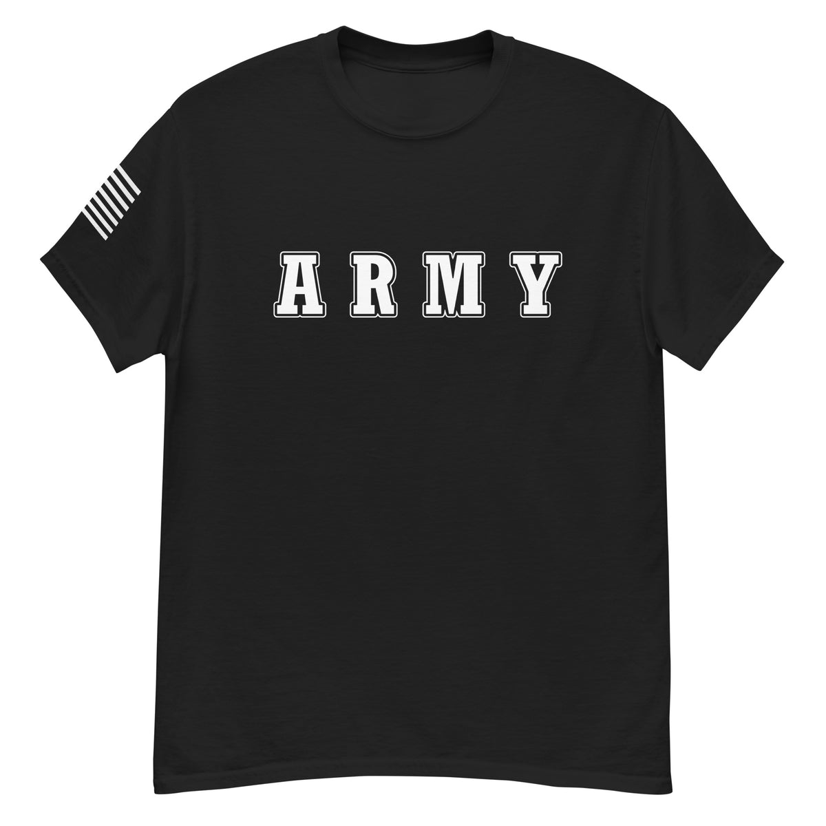 women's black t-shirt with block-letter Army design and American flag sleeve