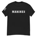 women's black t-shirt with block-letter Marines design and American flag sleeve