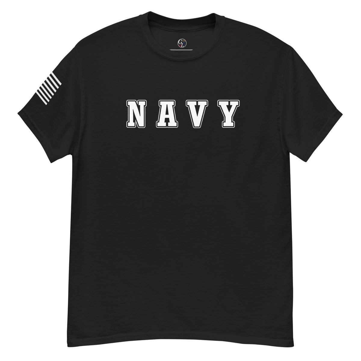 women's black t-shirt with block-letter Navy design and American flag sleeve