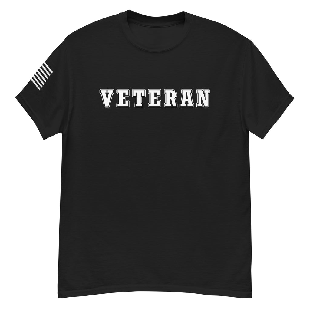 women's black t-shirt with block-letter Veteran design and American flag sleeve