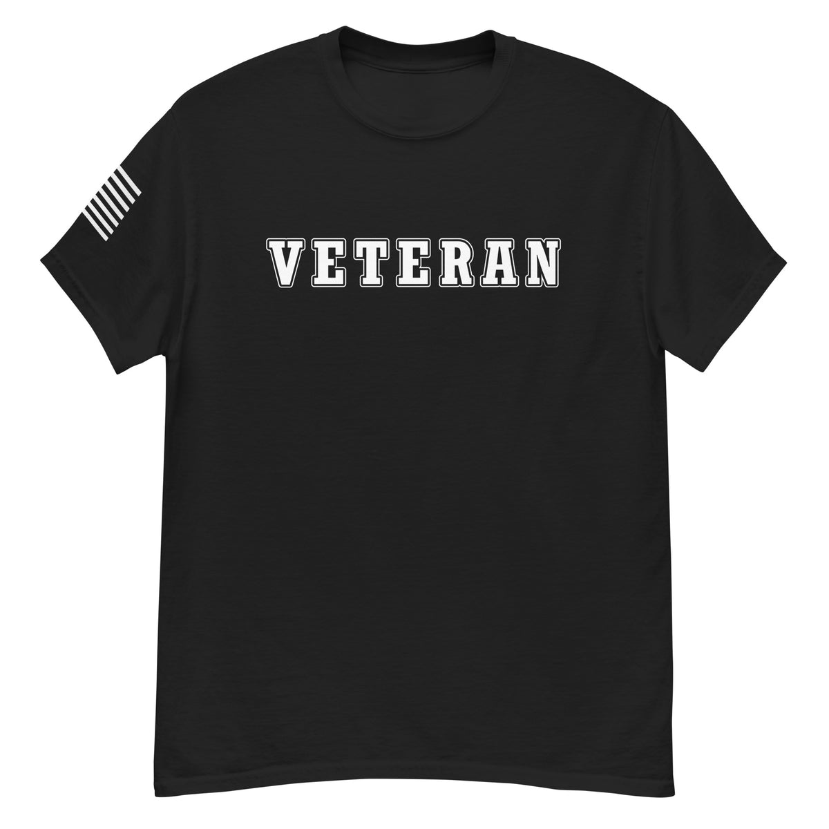 women's black t-shirt with block-letter Veteran design and American flag sleeve