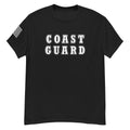 women's black t-shirt with block-letter Coast Guard design and American flag sleeve
