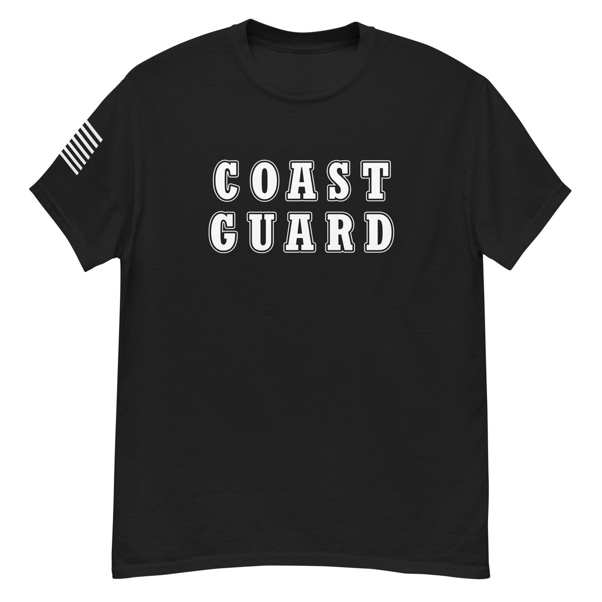 women's black t-shirt with block-letter Coast Guard design and American flag sleeve