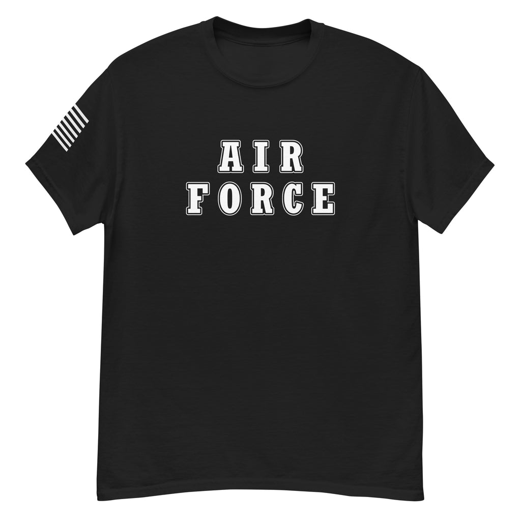 women's black t-shirt with block-letter Air Force design and American flag sleeve