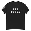 women's black t-shirt with block-letter Air Force design and American flag sleeve