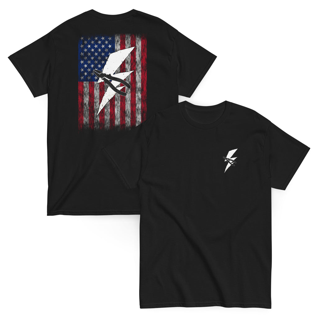 Men's black t-shirt with lightning bolt and pliers with distressed American flag design for electricians