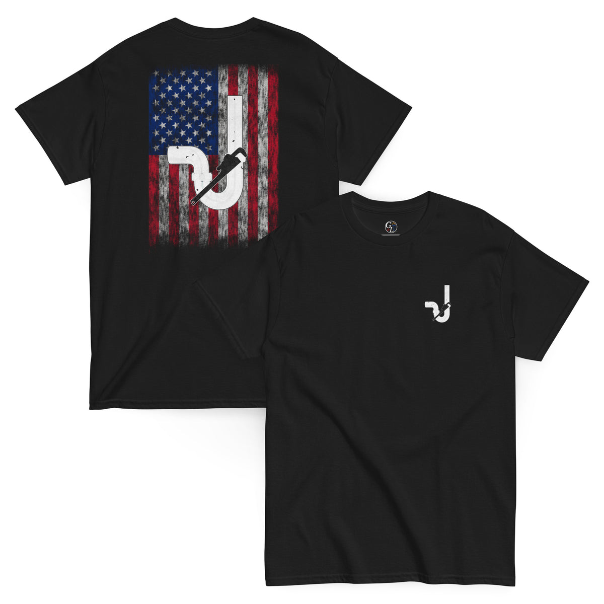 Men's black t-shirt with pipe and pipe wrench with distressed American flag design for plumbers