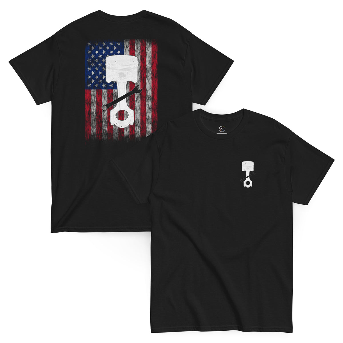 Men's black t-shirt for mechanics with piston and wrench and distressed American flag