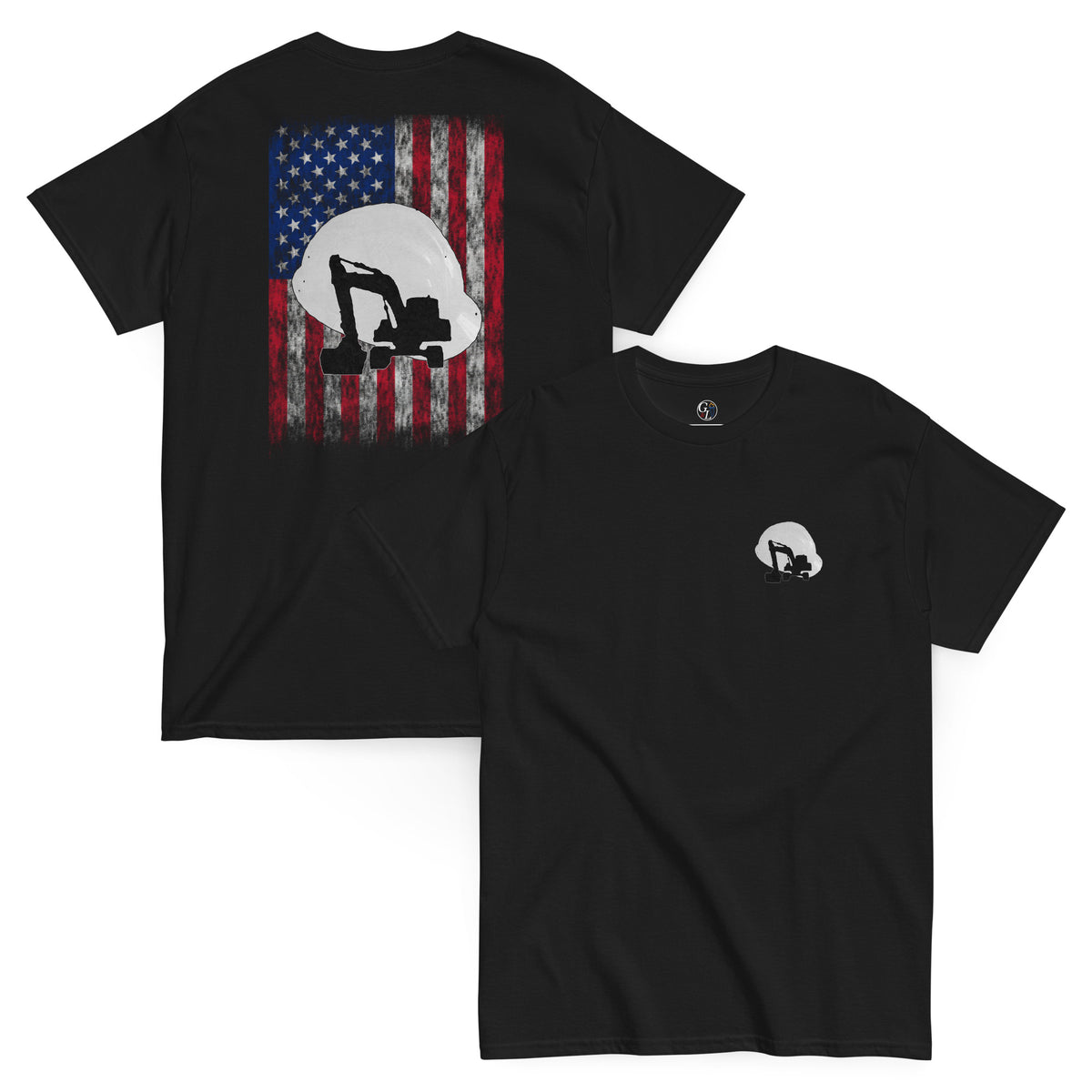 Men's black t-shirt for construction workers with hard hat and excavator over a distressed American flag