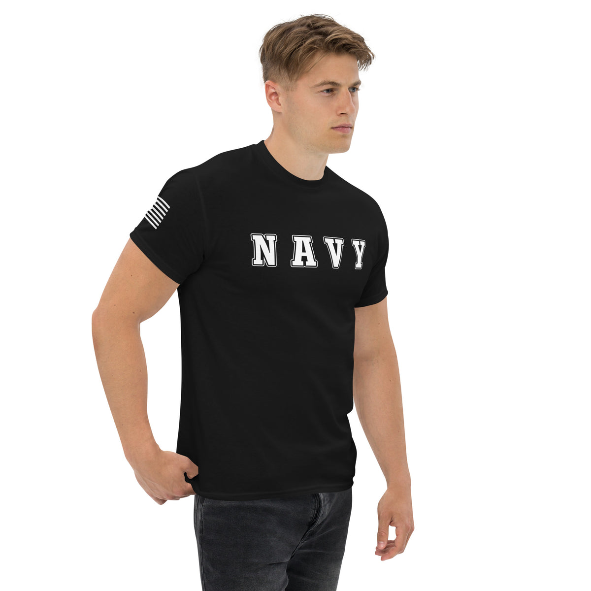Men's US Navy shirt block lettering and American flag sleeve black