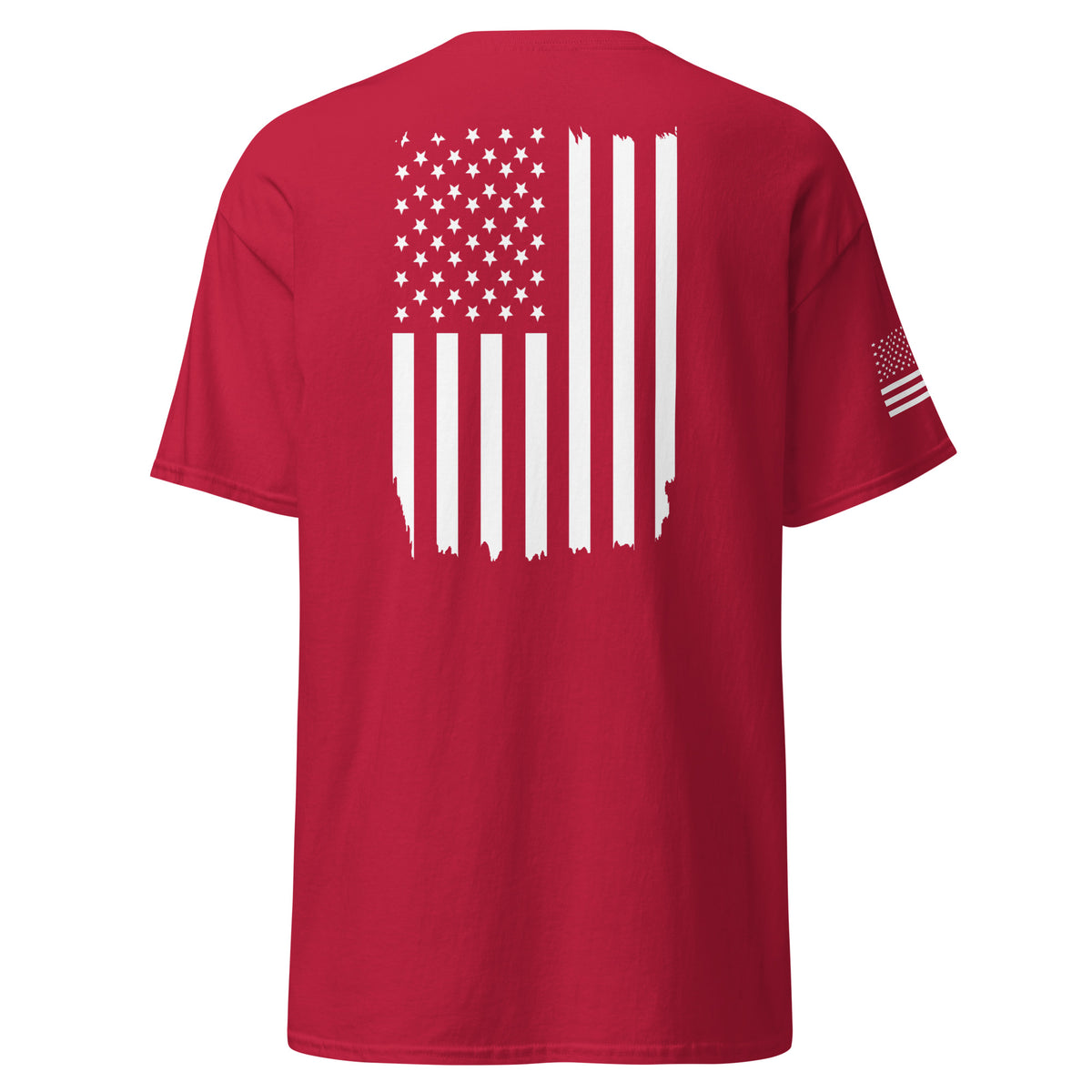 Men's red t-shirt with white American flag on the back and on the right sleeve
