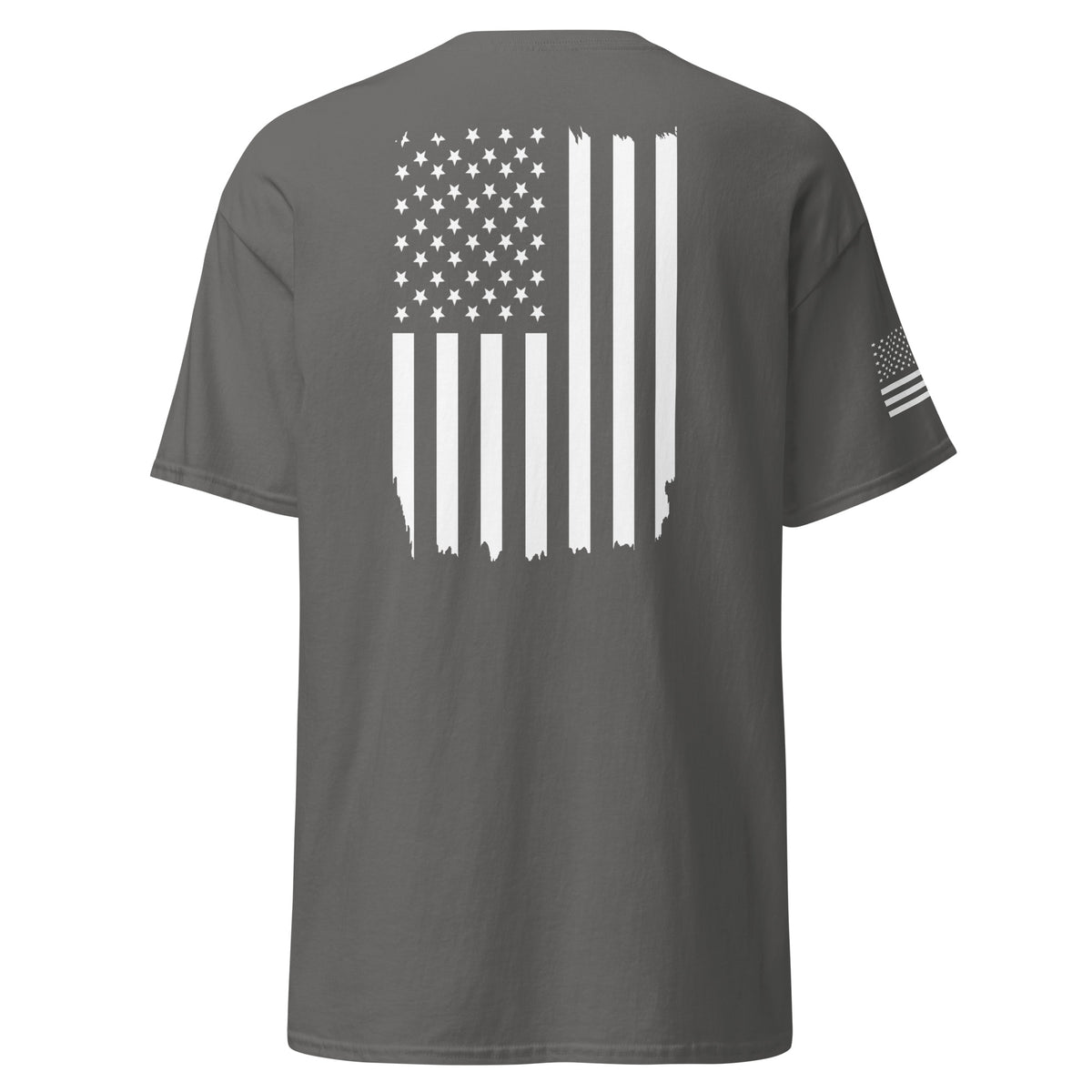 Men's grey t-shirt with white American flag on the back and on the right sleeve