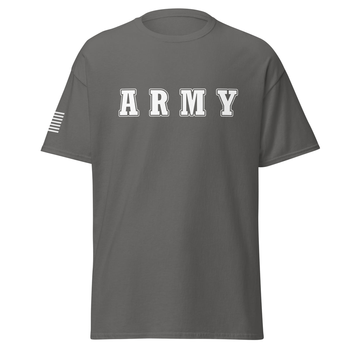 Men's army shirt block lettering and American flag sleeve gray