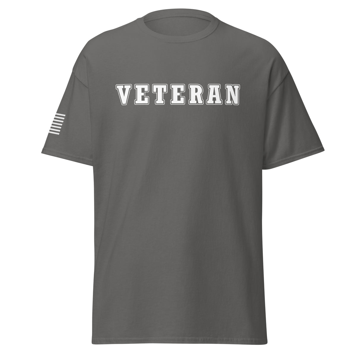 Men's Veteran shirt block lettering and American flag sleeve grey