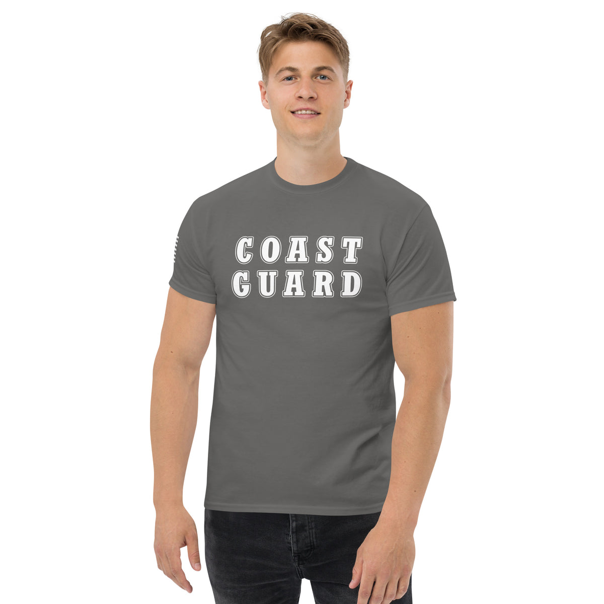 Men's coast guard shirt block lettering and American flag sleeve grey
