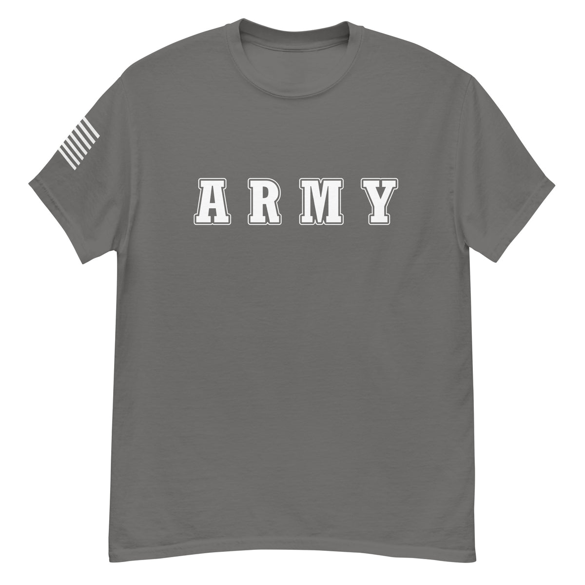 women's grey t-shirt with block-letter Army design and American flag sleeve