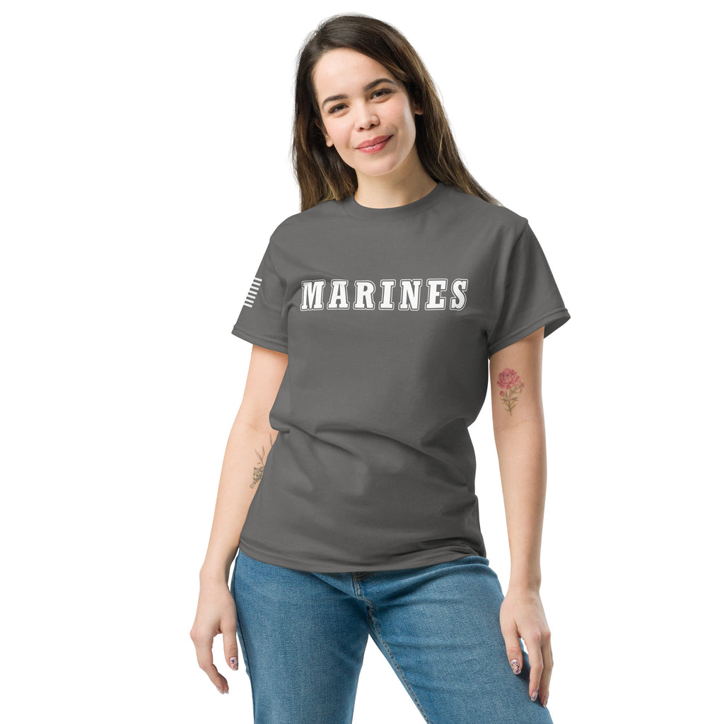 women's grey t-shirt with block-letter Marines design and American flag sleeve