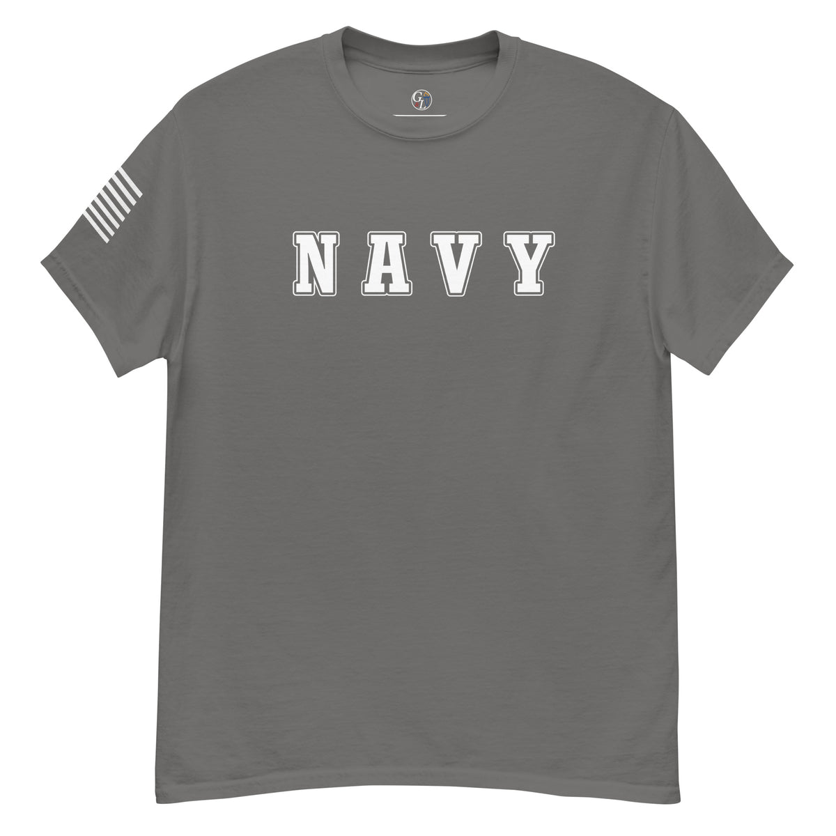 women's grey t-shirt with block-letter Navy design and American flag sleeve