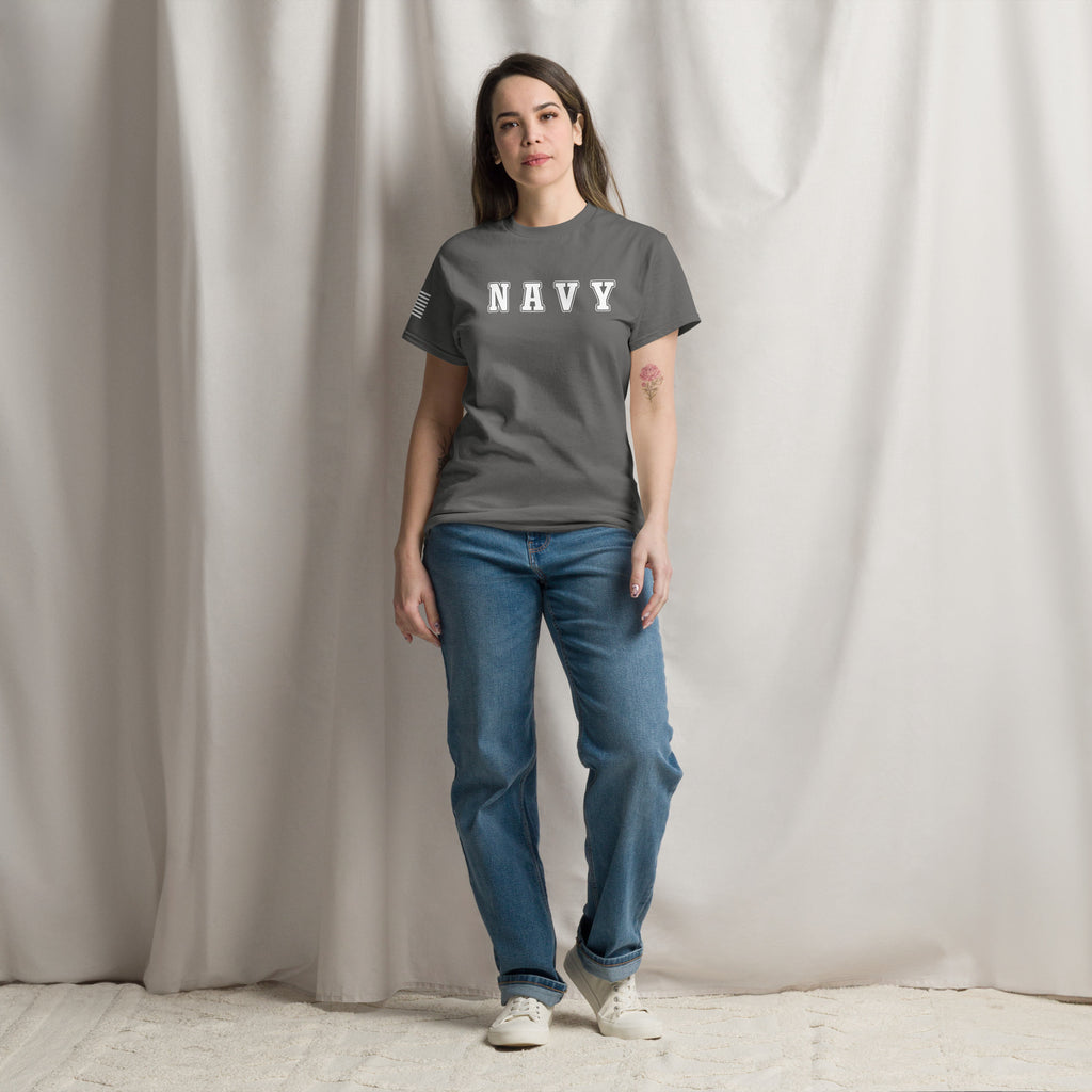 women's grey t-shirt with block-letter Navy design and American flag sleeve