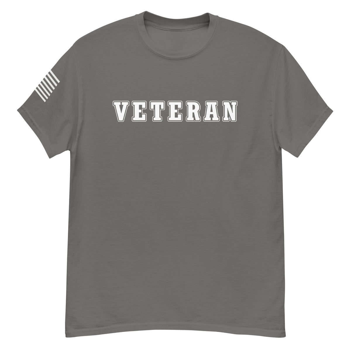 women's grey t-shirt with block-letter Veteran design and American flag sleeve