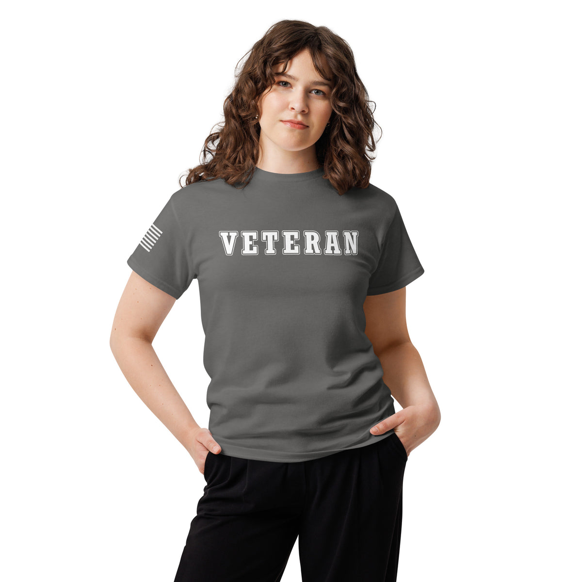 women's grey t-shirt with block-letter Veteran design and American flag sleeve