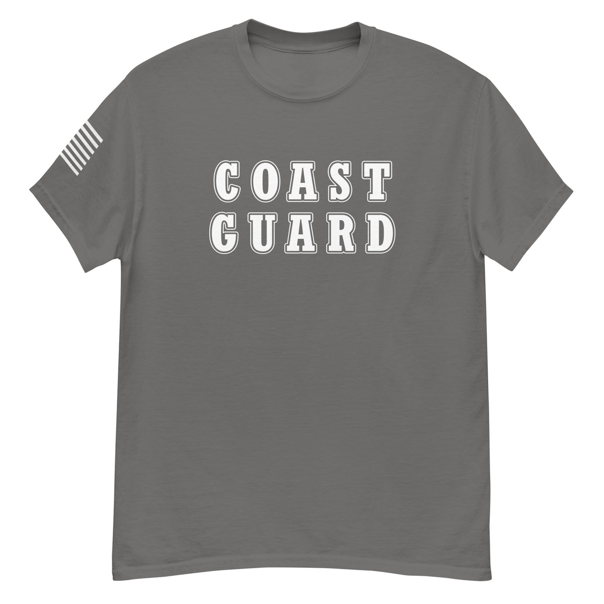 women's grey t-shirt with block-letter Coast Guard design and American flag sleeve