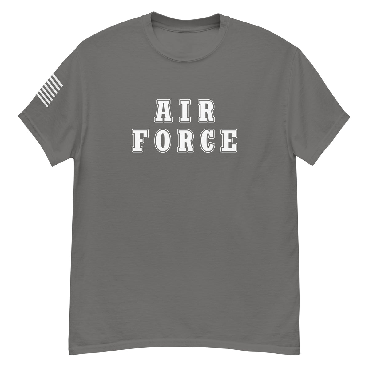 women's grey t-shirt with block-letter Air Force design and American flag sleeve