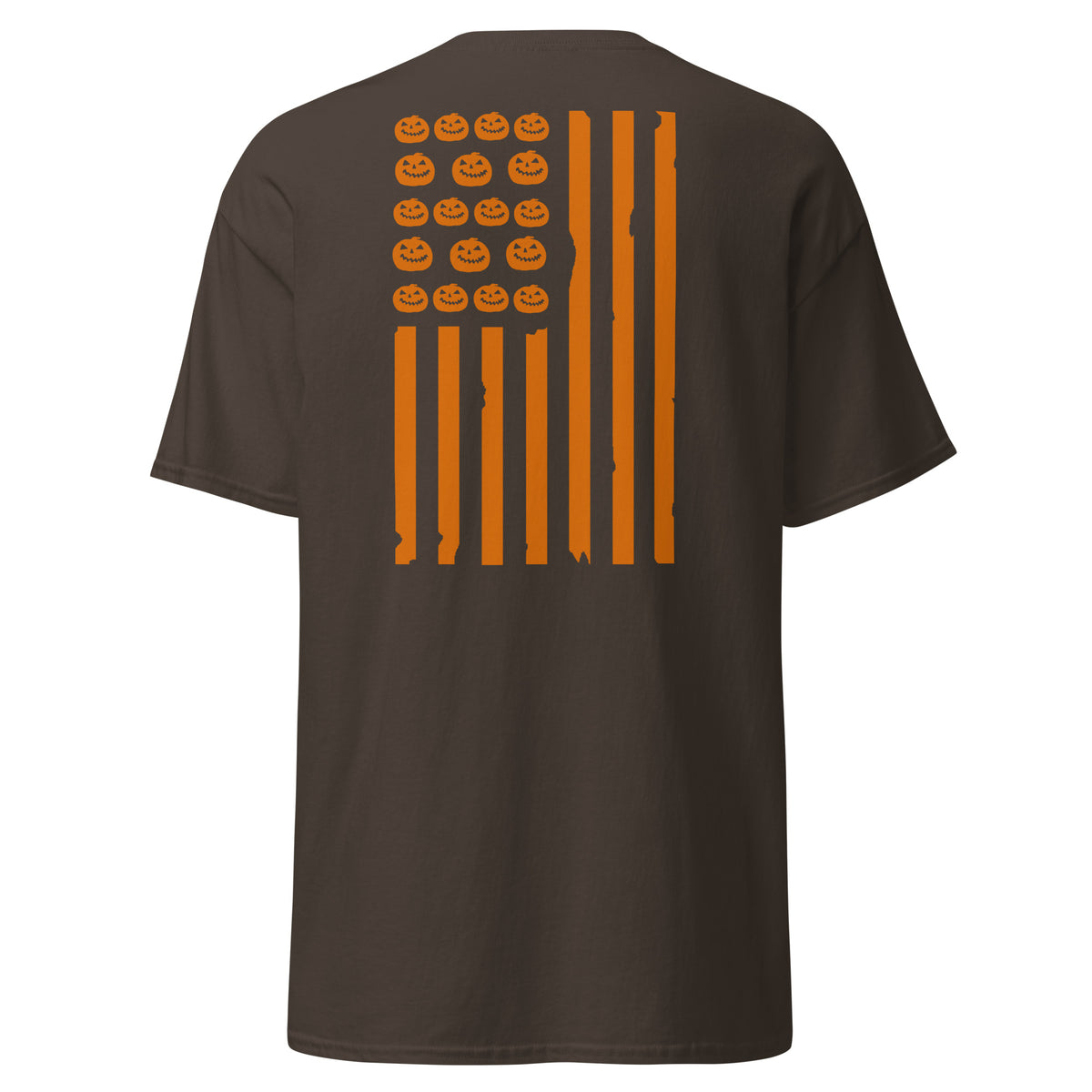 Men's brown t-shirt with orange distressed flag design and pumpkins on the back