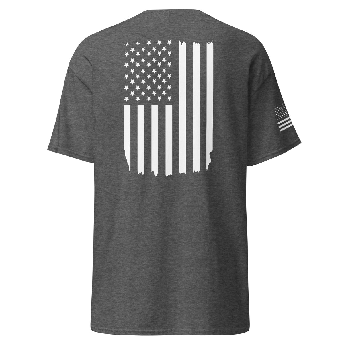 Men's grey t-shirt with white American flag on the back and on the right sleeve
