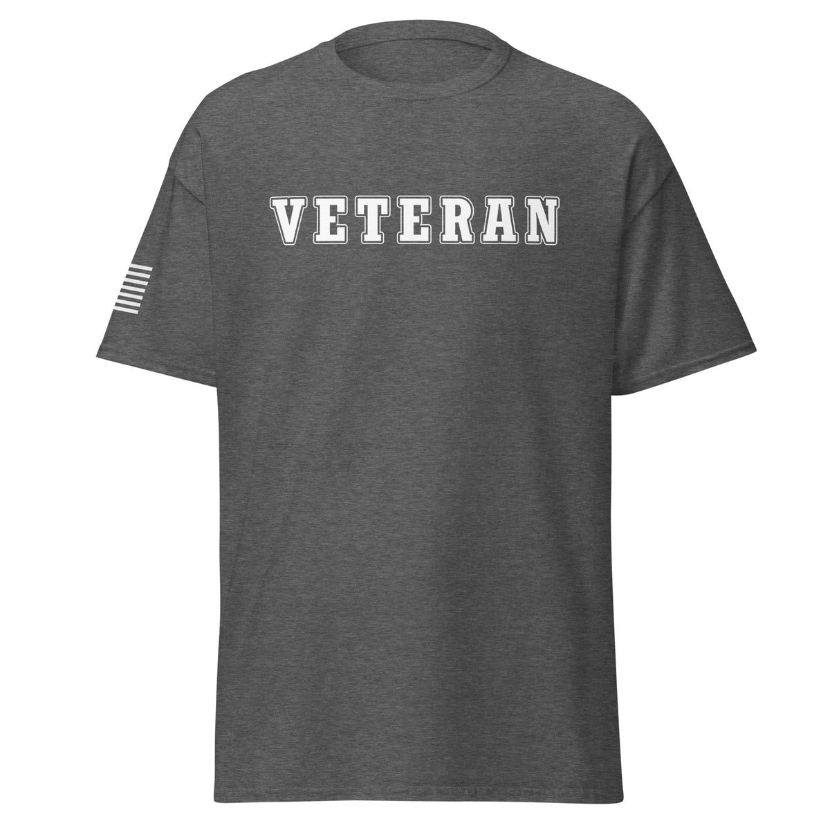 Men's Veteran shirt block lettering and American flag sleeve grey