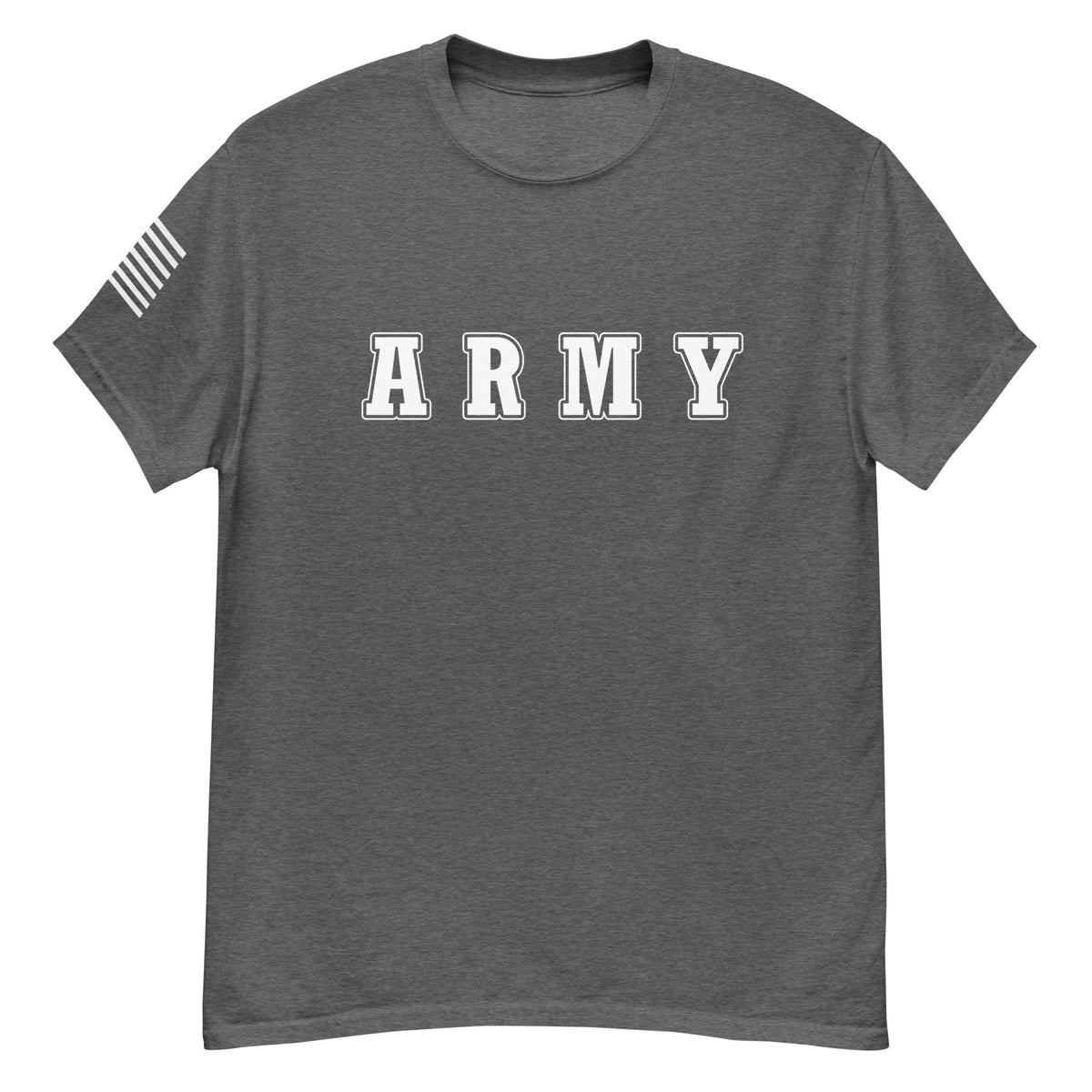 women's grey t-shirt with block-letter Army design and American flag sleeve