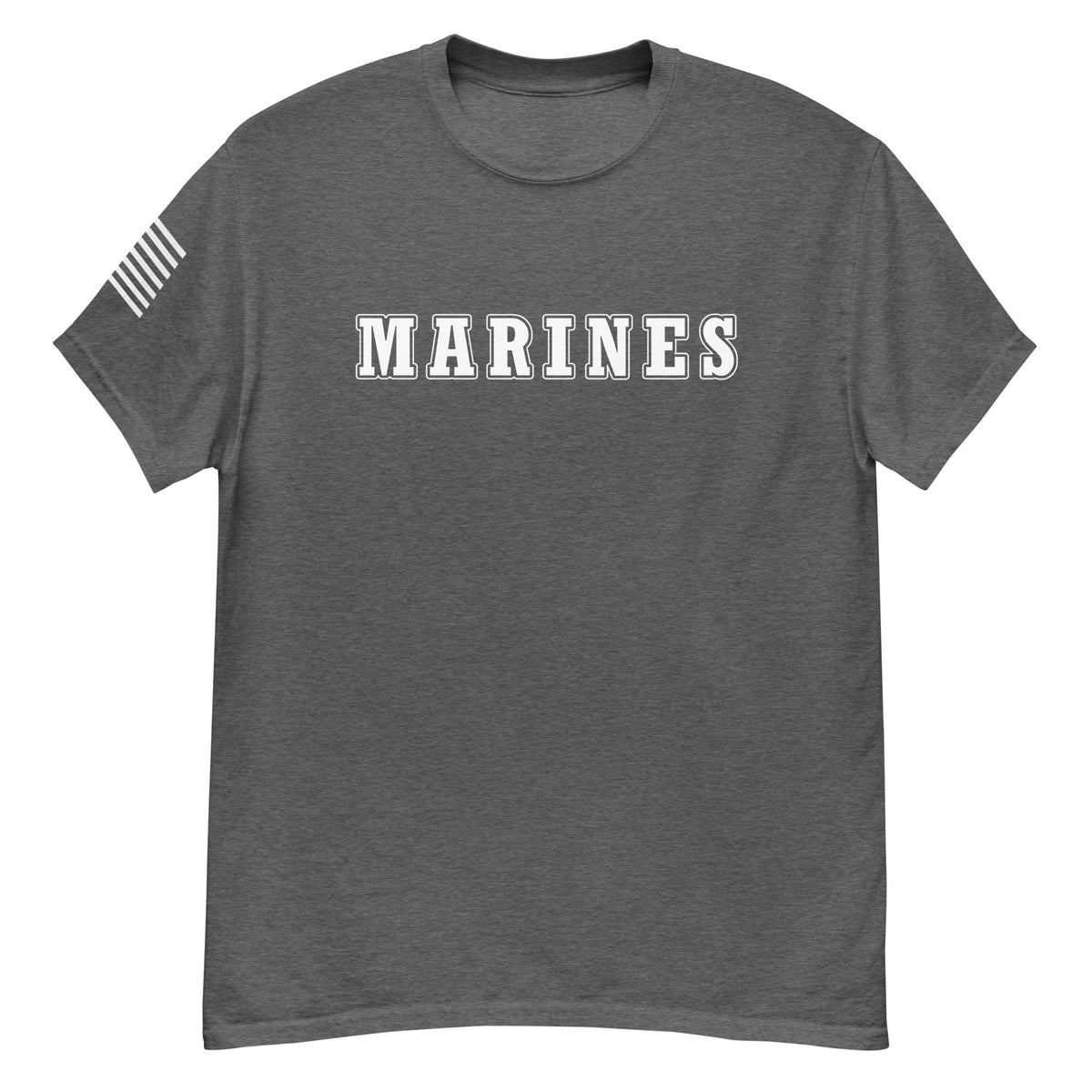 women's grey t-shirt with block-letter Marines design and American flag sleeve
