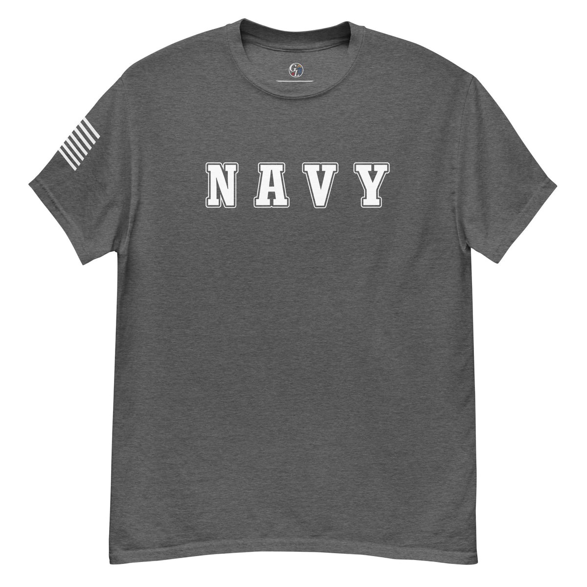 women's grey t-shirt with block-letter Navy design and American flag sleeve