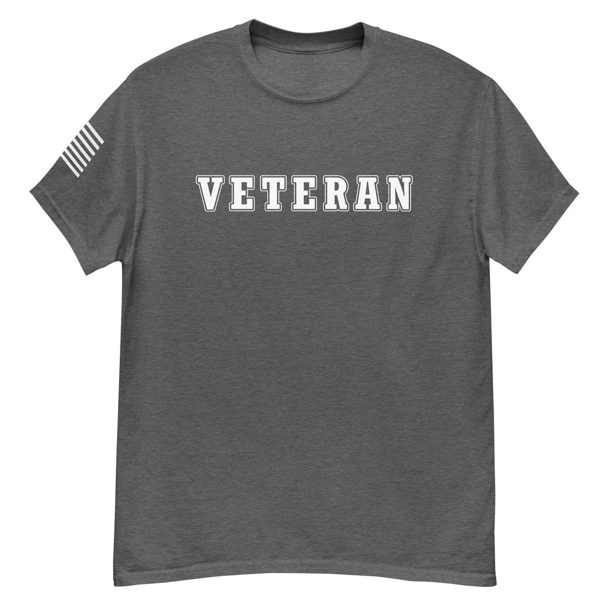 women's grey t-shirt with block-letter Veteran design and American flag sleeve