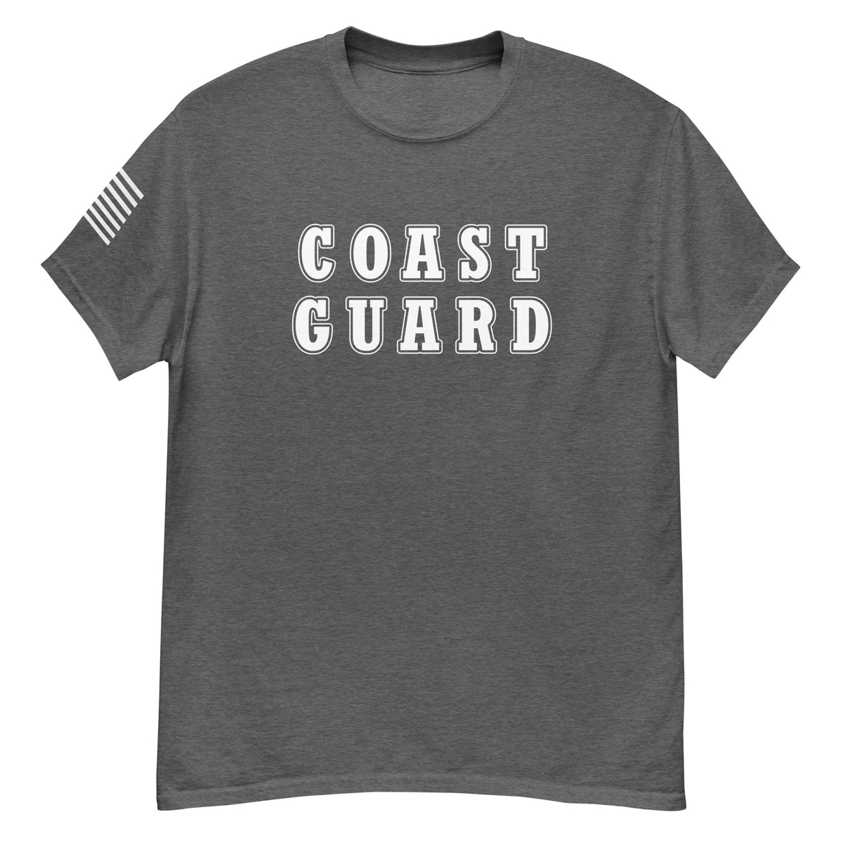 women's grey t-shirt with block-letter Coast Guard design and American flag sleeve