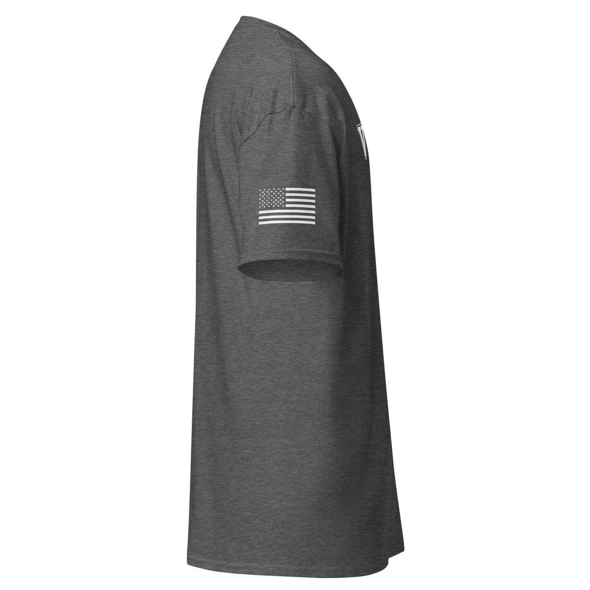 Men's Veteran shirt block lettering and American flag sleeve grey