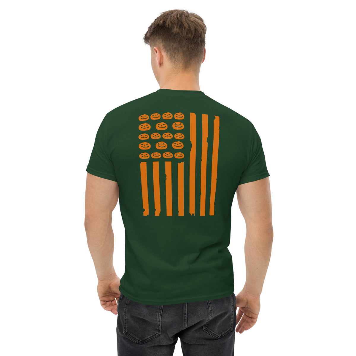 Men's green t-shirt with orange distressed flag design and pumpkins on the back