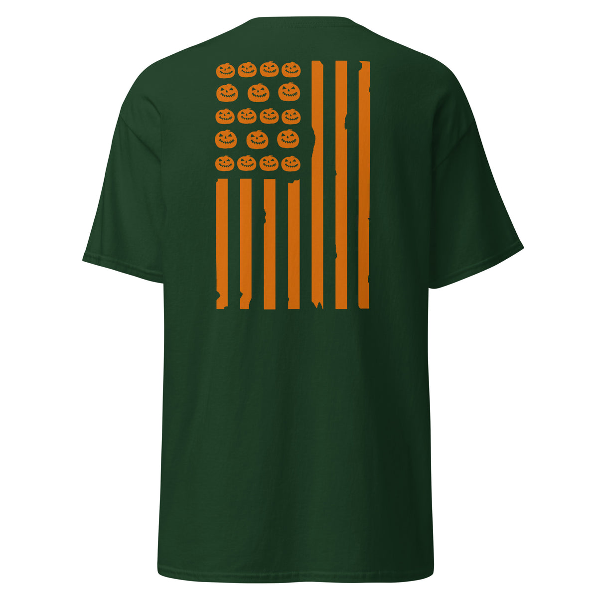 Men's green t-shirt with orange distressed flag design and pumpkins on the back