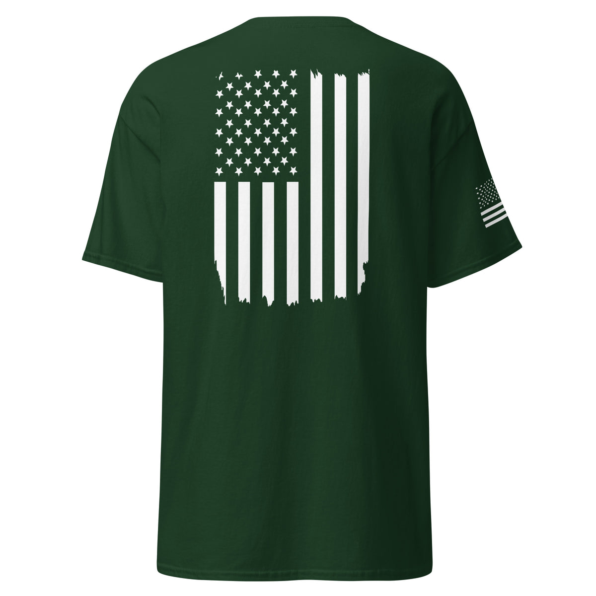Men's green t-shirt with white American flag on the back and on the right sleeve