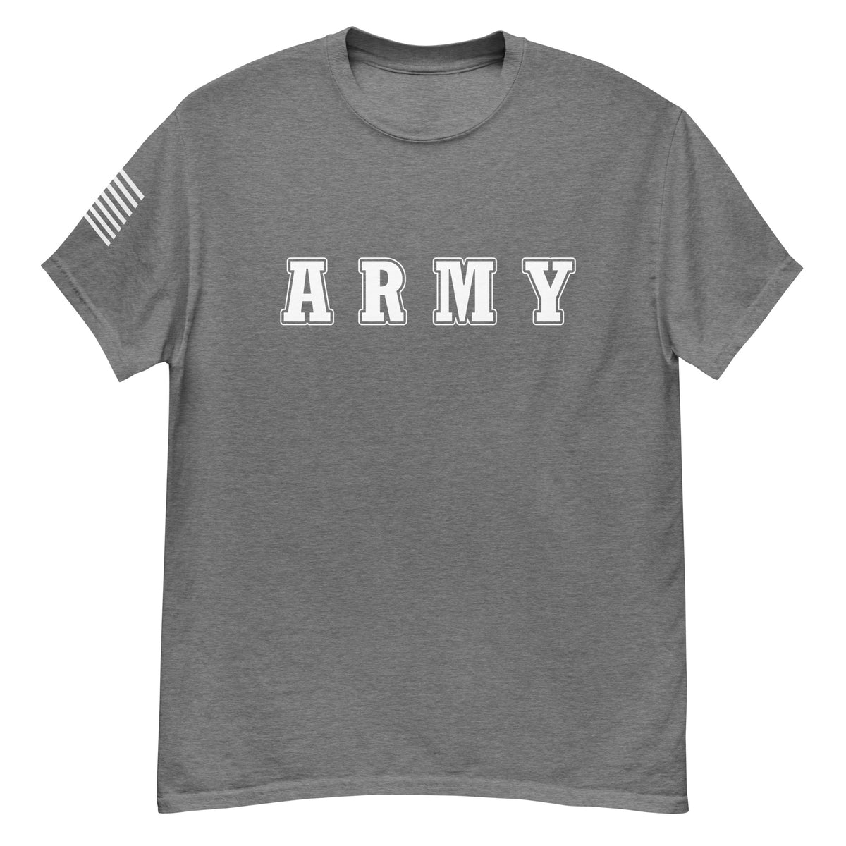 women's grey t-shirt with block-letter Army design and American flag sleeve