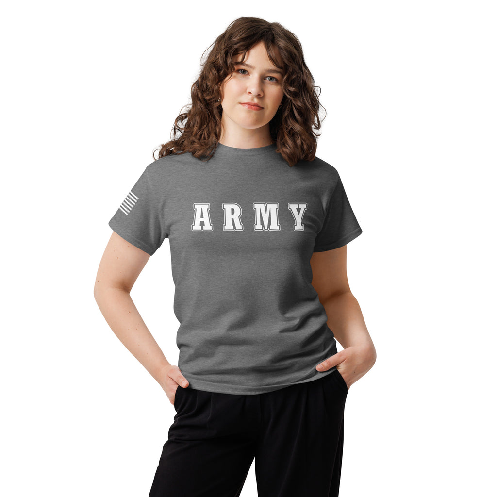 women's grey t-shirt with block-letter Army design and American flag sleeve