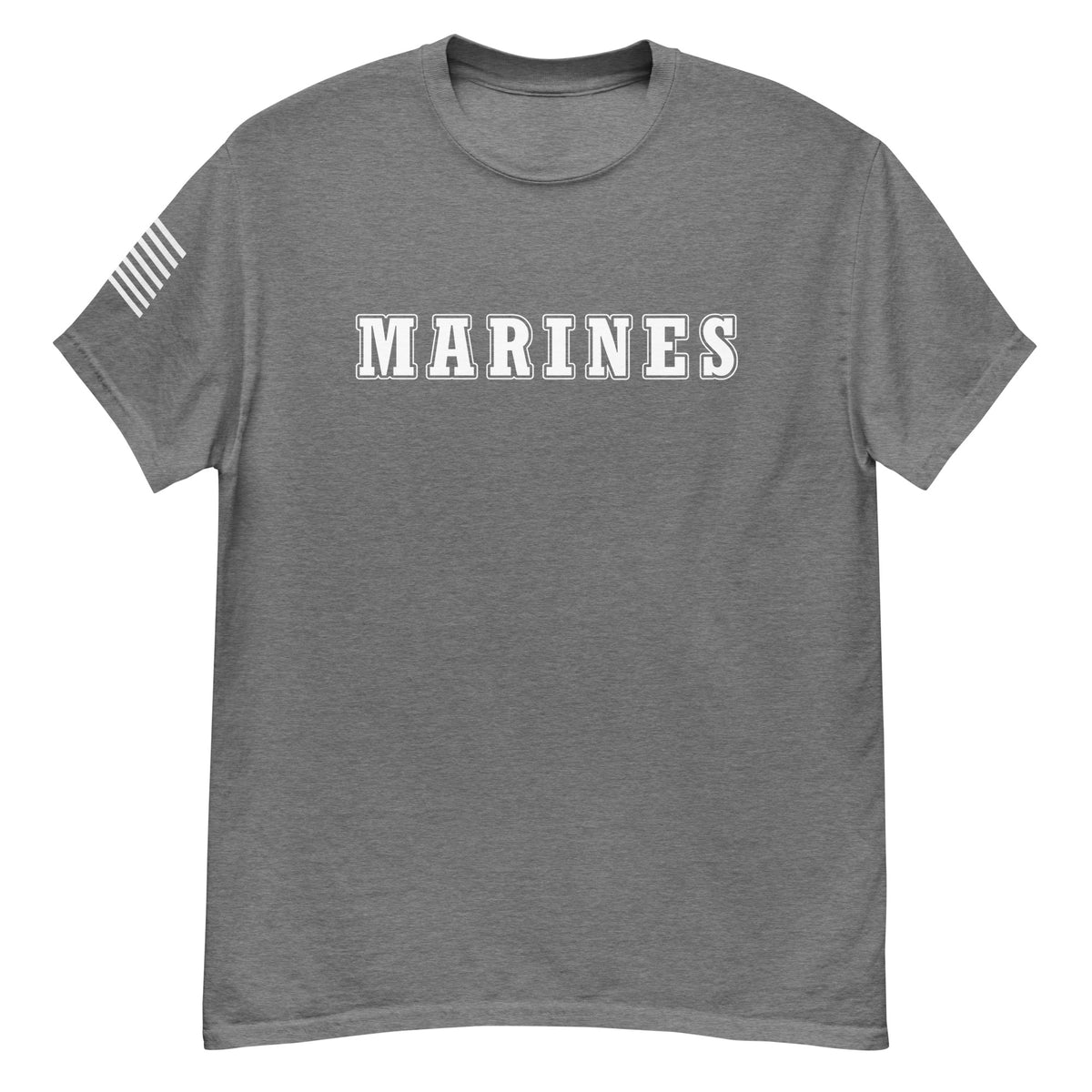 women's grey t-shirt with block-letter Marines design and American flag sleeve