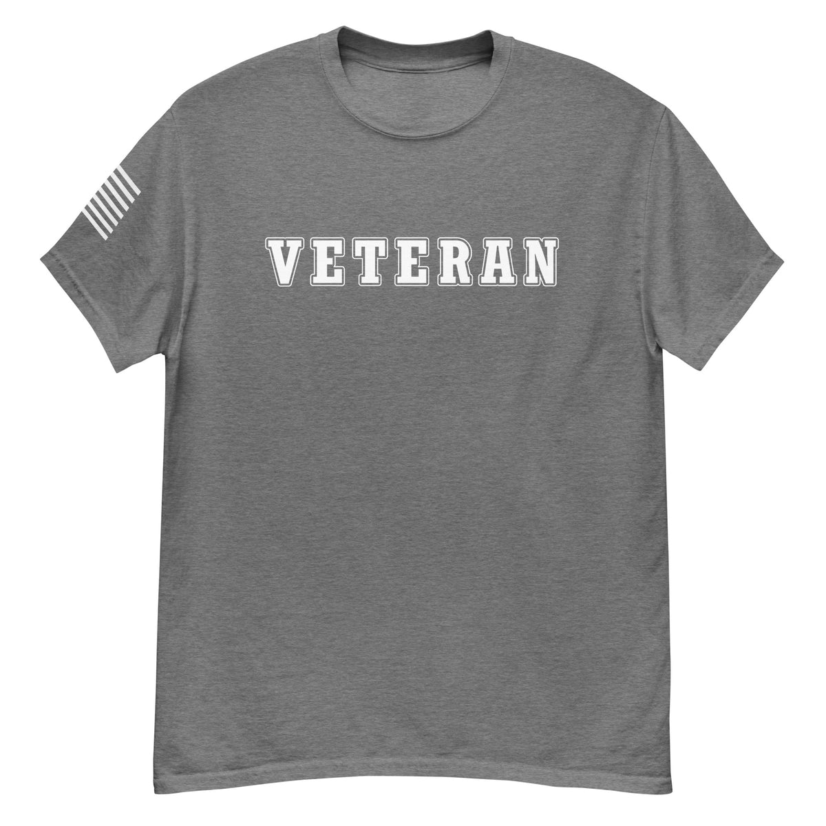 women's grey t-shirt with block-letter Veteran design and American flag sleeve